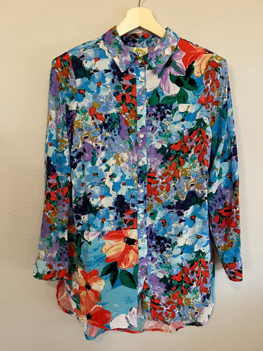 Fig & Flower Anthropology Bright Floral Button Up Sz L Boho Dopamine Dressing